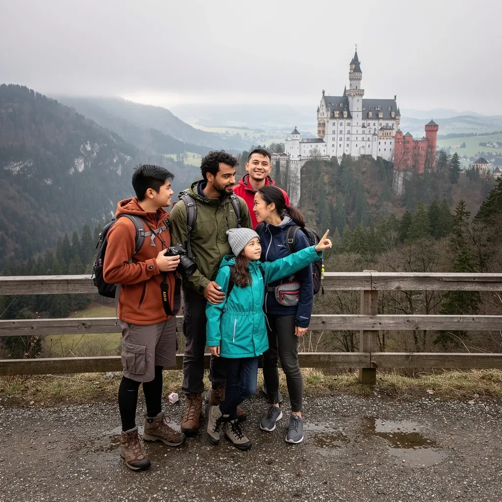 Eine Familie besichtigt eine historische Stadt mit braillebeschrifteten Informationen an den Sehenswürdigkeiten.